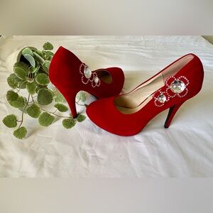 Chic Red Heels with Crystal Accents